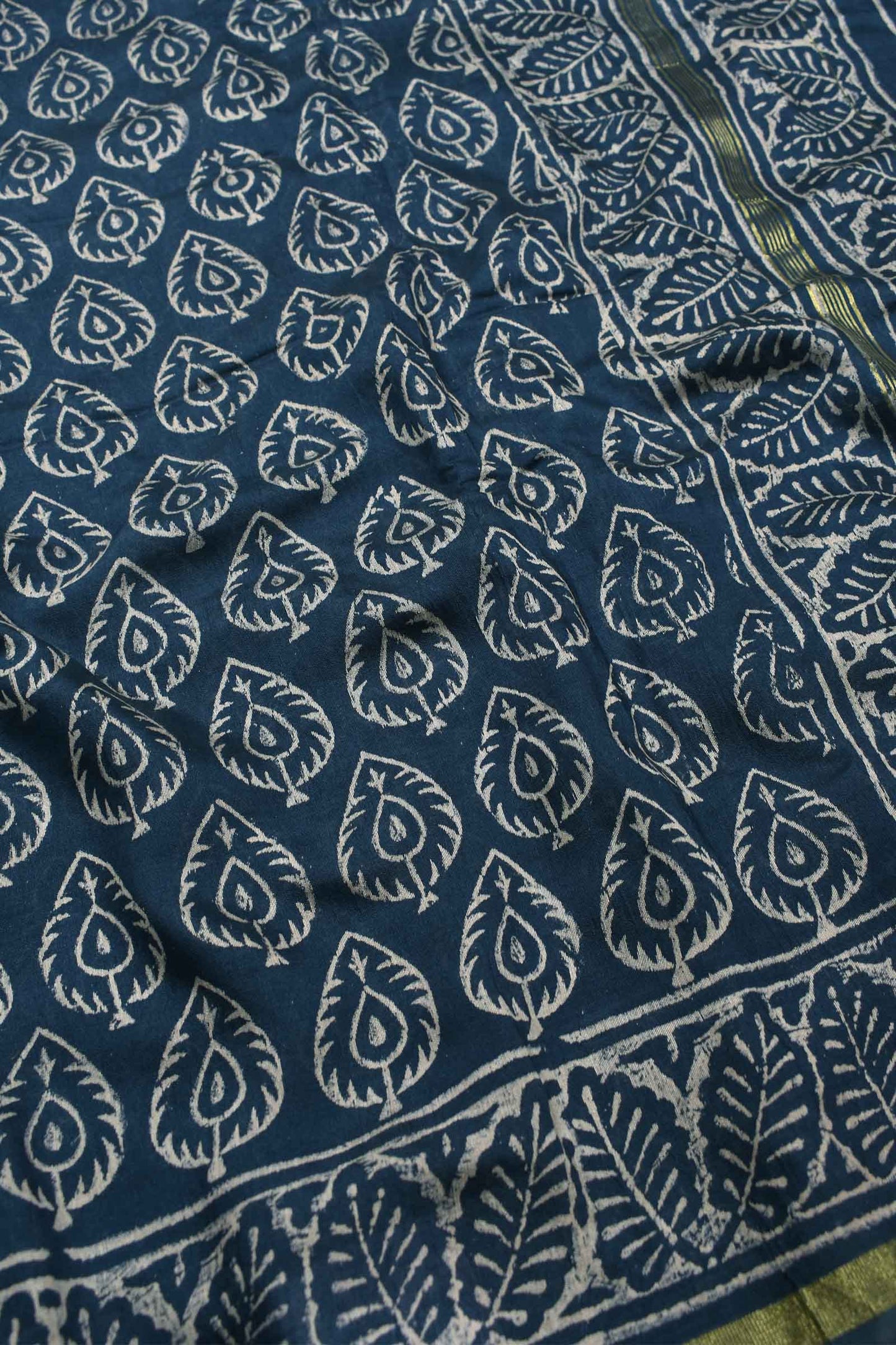 Steel Blue Chanderi Cotton Hand Block Printed Saree