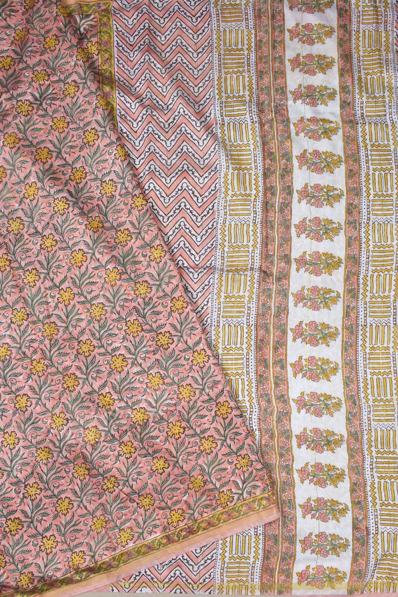 Peach Chanderi Cotton Floral Hand Block Printed Saree