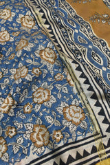 Blue Chanderi Cotton Beige Rose HandBlock Printed Saree