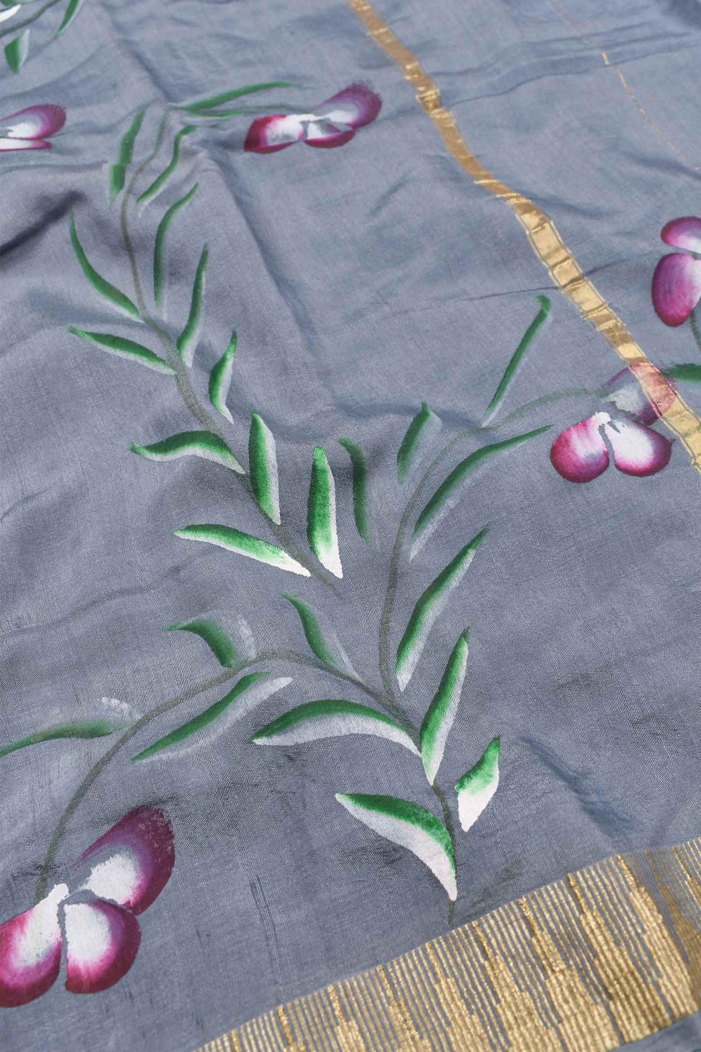 Grey Chanderi Cotton Contrast Florals Hand Painted Saree