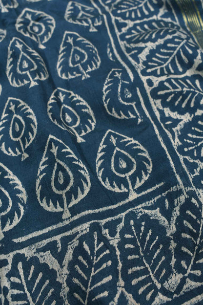 Steel Blue Chanderi Cotton Hand Block Printed Saree