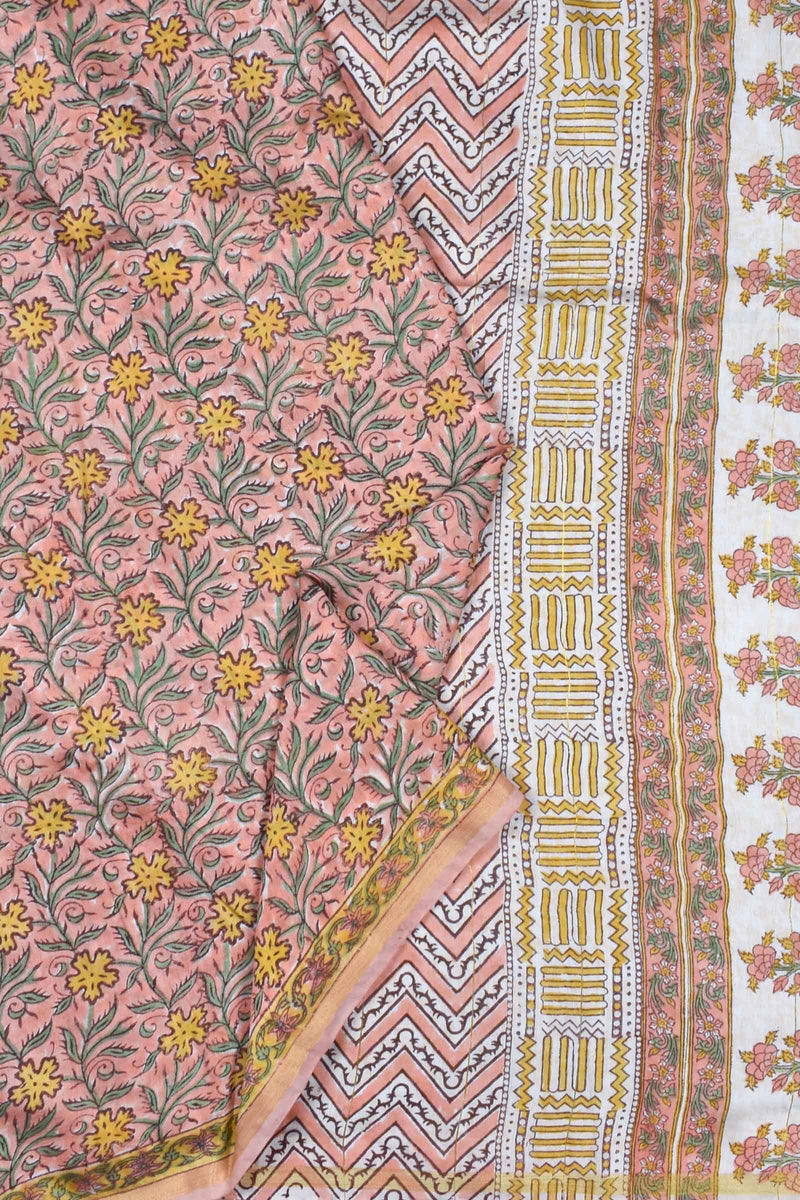 Peach Chanderi Cotton Floral Hand Block Printed Saree