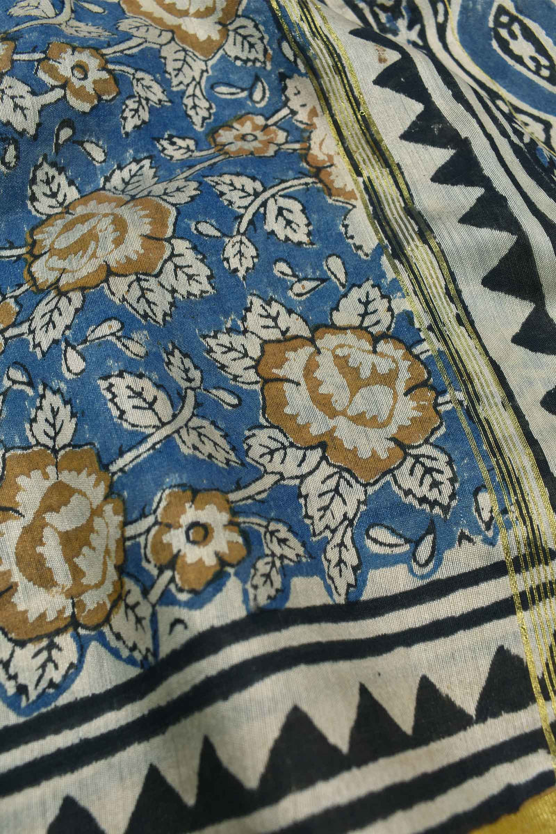 Blue Chanderi Cotton Beige Rose HandBlock Printed Saree