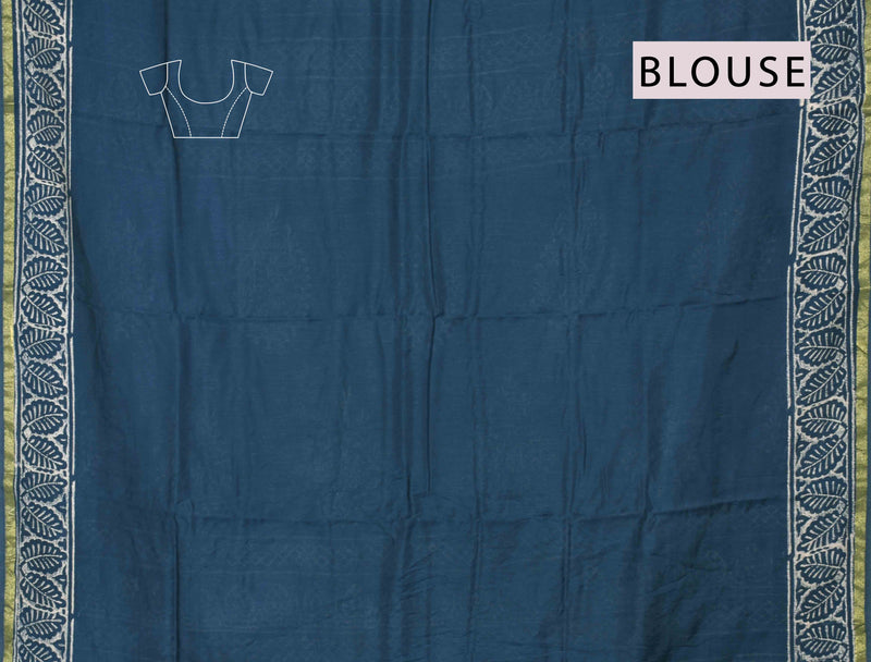 Steel Blue Chanderi Cotton Hand Block Printed Saree