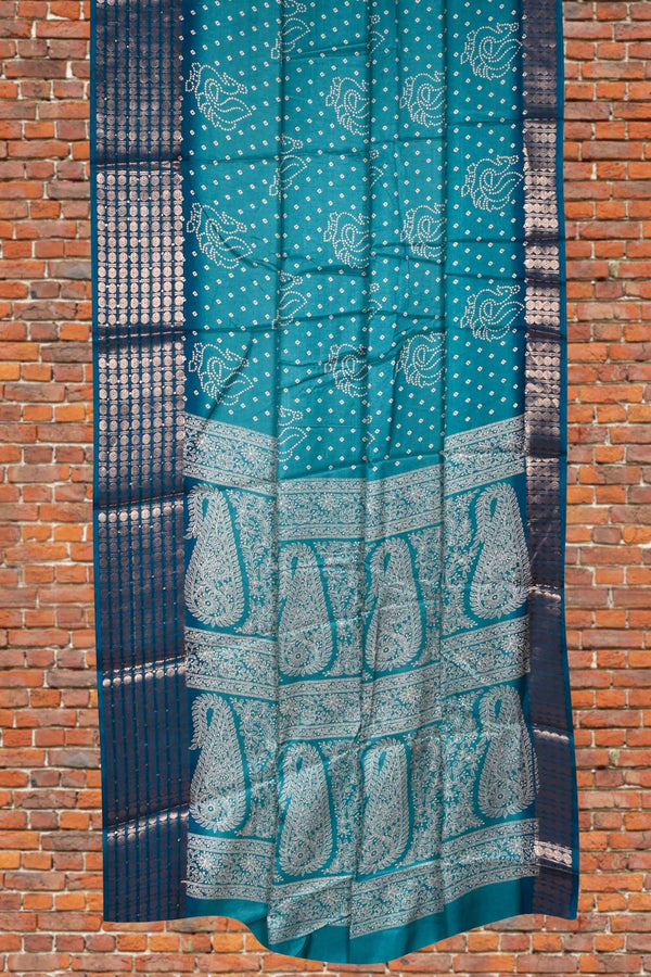 Blue Semi Dola Bandhini Peacock Printed Dobby Border Saree