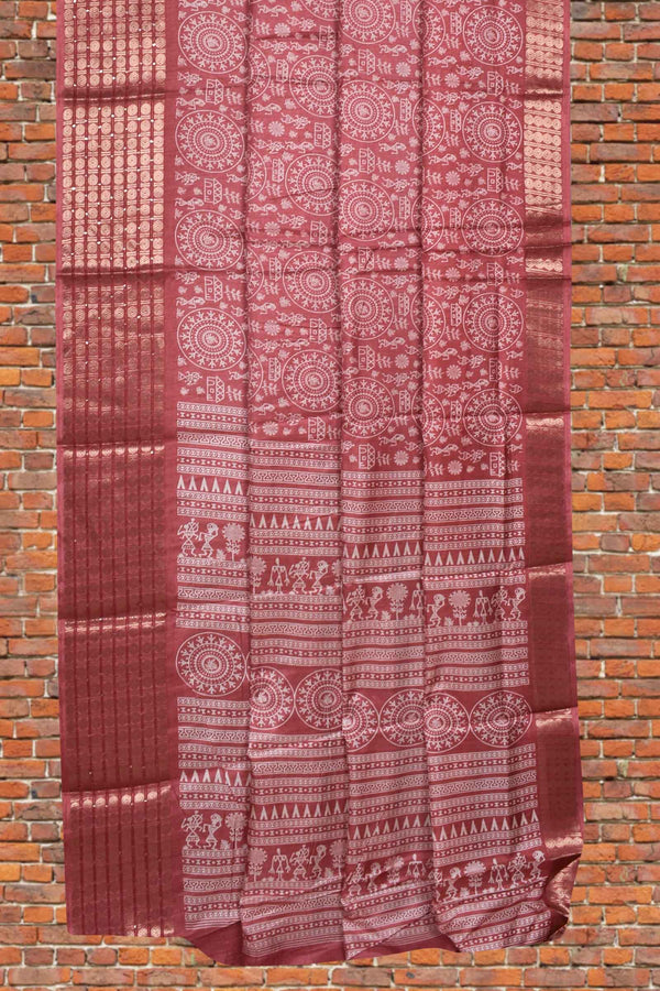 Peach Semi Dola Warli Printed Dobby Border Saree