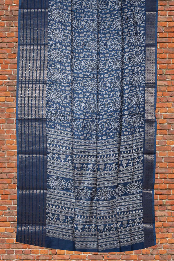 Grey Semi Dola Warli Printed Dobby Border Saree