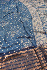 Blue Semi Dola Peacock Rangoli Print Paisely Pallu Saree