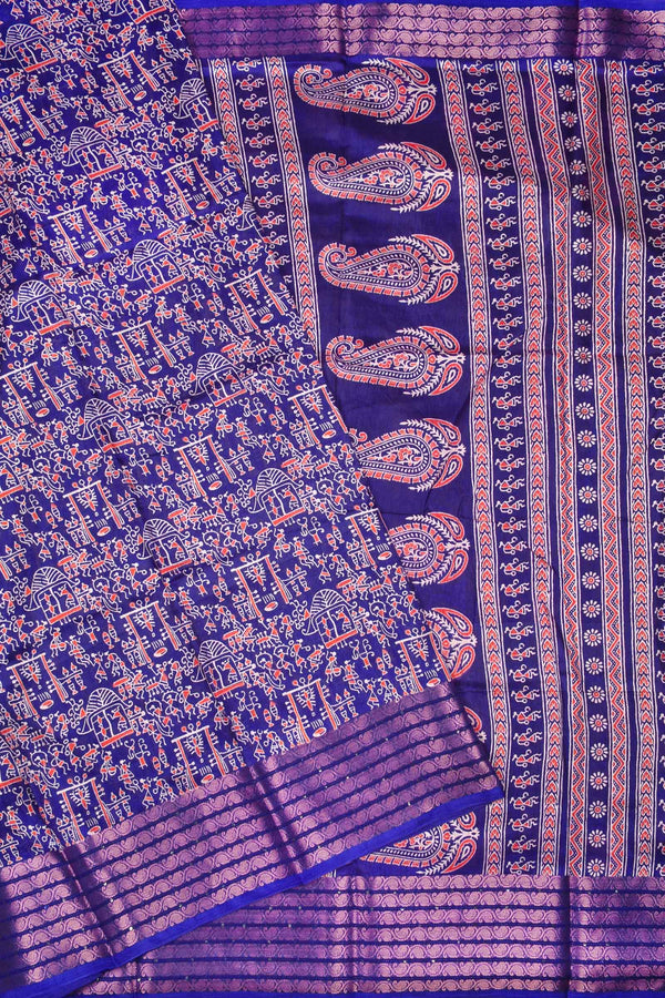 Violet Semi Dola Warli Scenes Print Paisely Pallu Dobby Border Saree