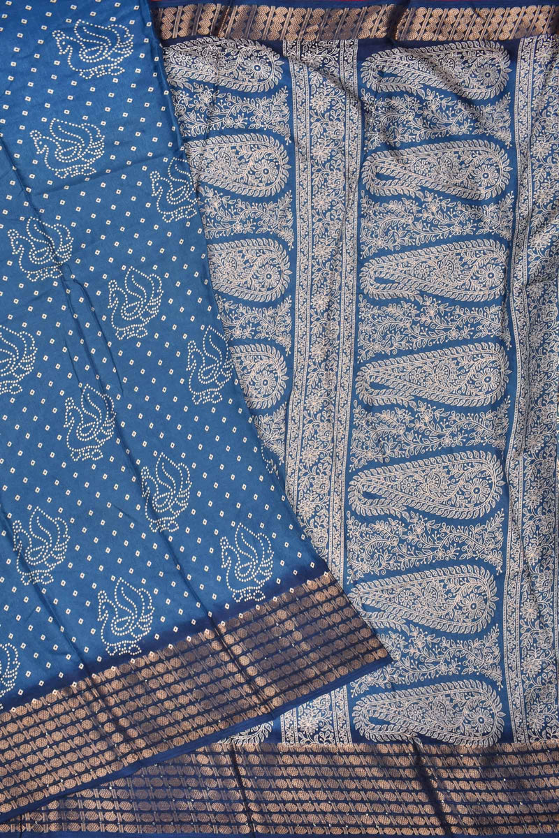 Blue Semi Dola Peacock Rangoli Print Paisely Pallu Saree