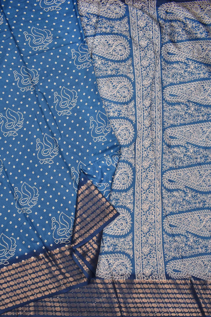 Blue Semi Dola Peacock Rangoli Print Paisely Pallu Saree