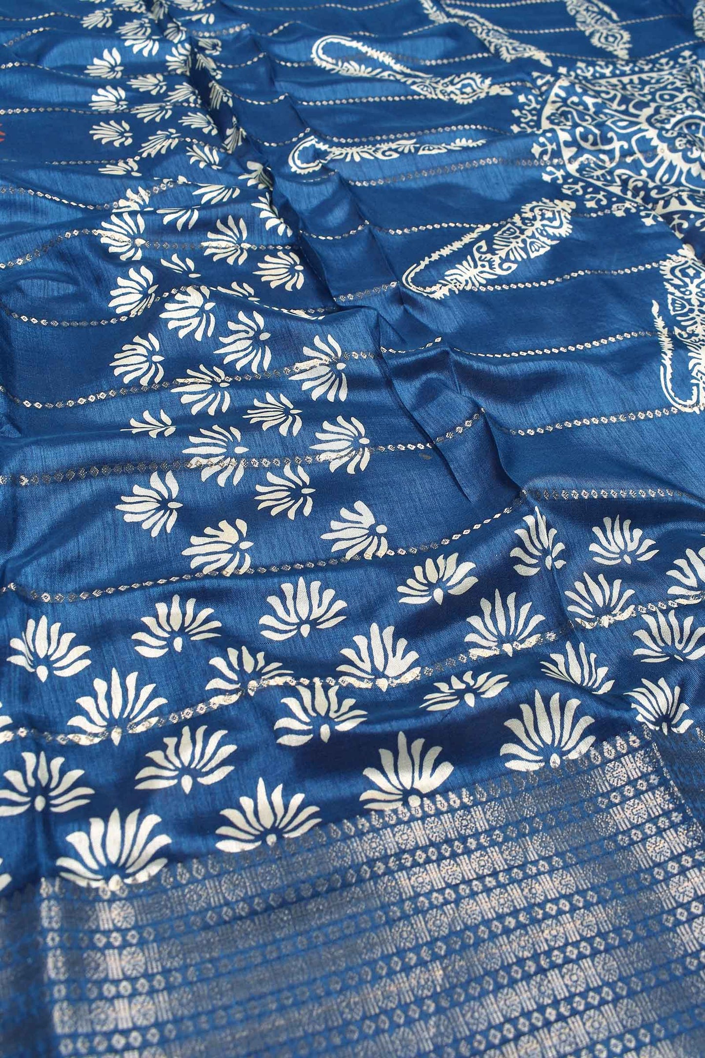 Blue Semi Dola Fancy Fern Printed Zari Border Saree