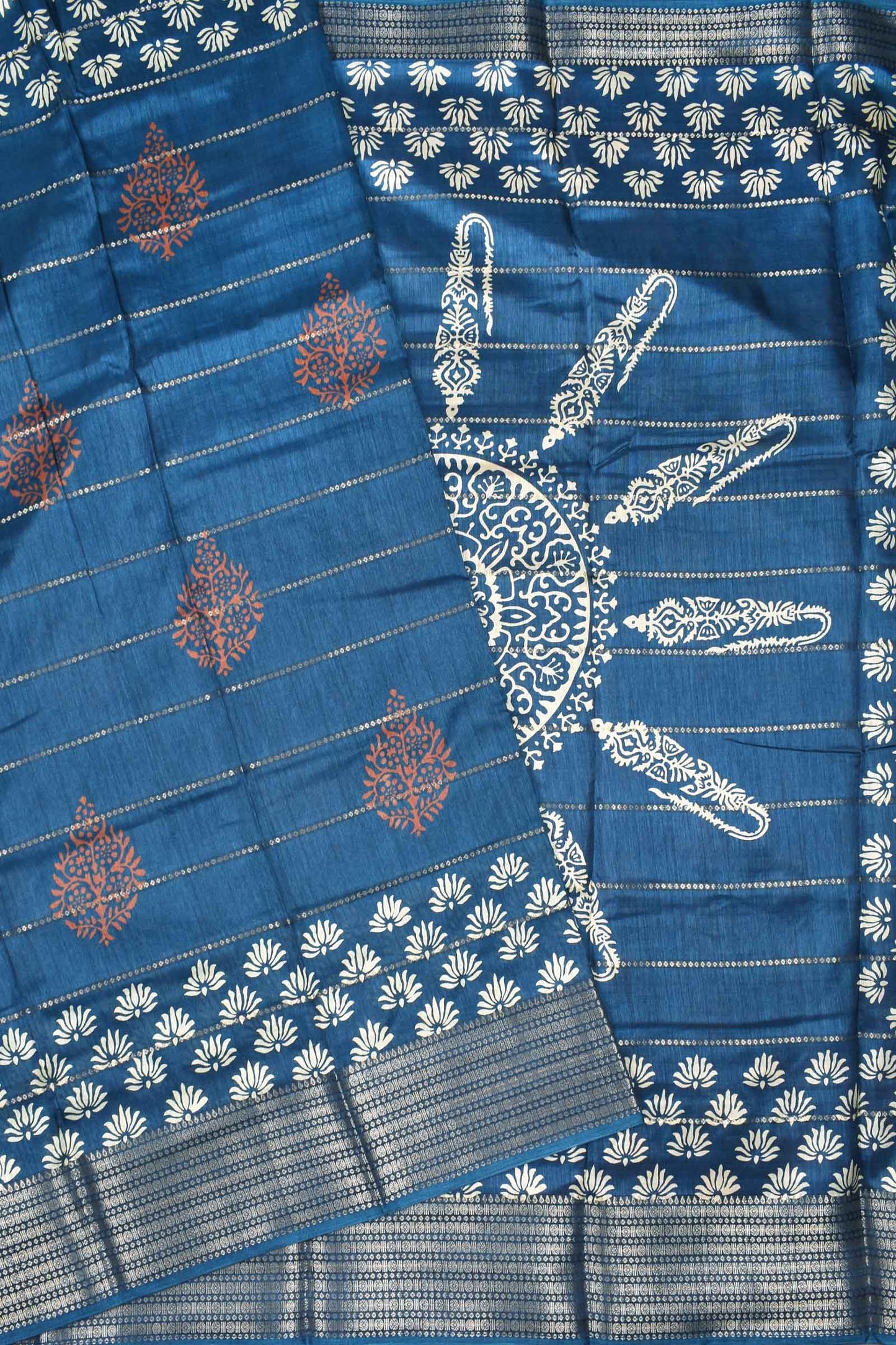 Blue Semi Dola Fancy Fern Printed Zari Border Saree