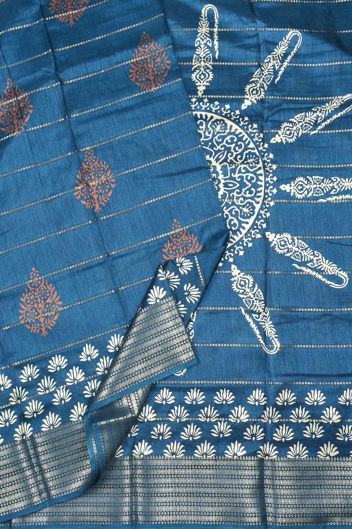 Blue Semi Dola Fancy Fern Printed Zari Border Saree