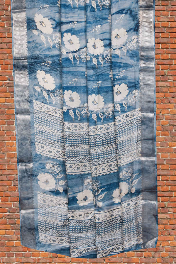 Blue Semi Dola White Flower Print Saree