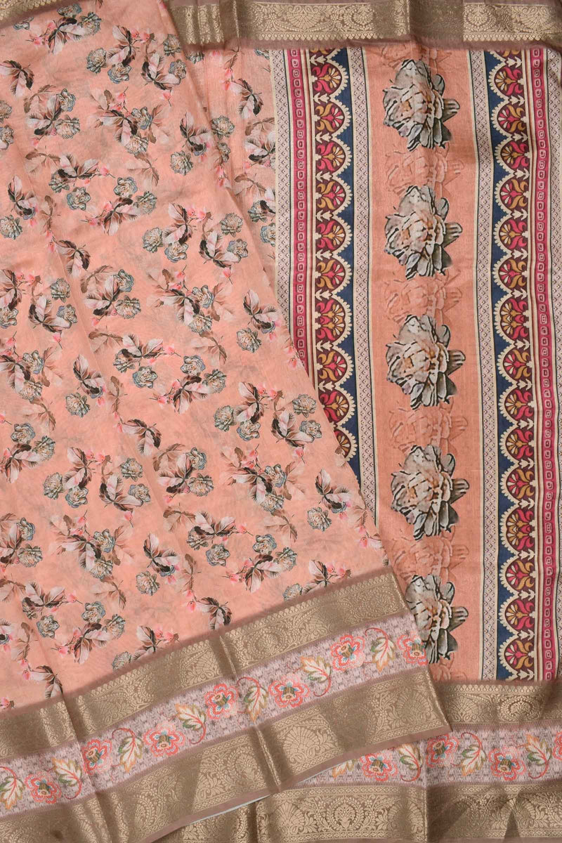 Peach Semi Linen Dola Jacquard Printed Border Saree