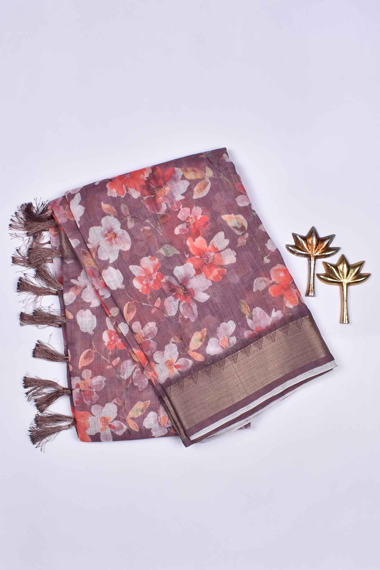 Brown Semi Linen Floral Digital Print Dobby Border Saree