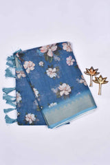 Blue Semi Linen Floral Digital Print Dobby Border Saree