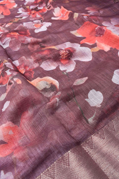 Brown Semi Linen Floral Digital Print Dobby Border Saree