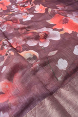 Brown Semi Linen Floral Digital Print Dobby Border Saree