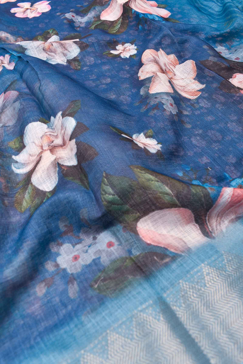 Blue Semi Linen Floral Digital Print Dobby Border Saree