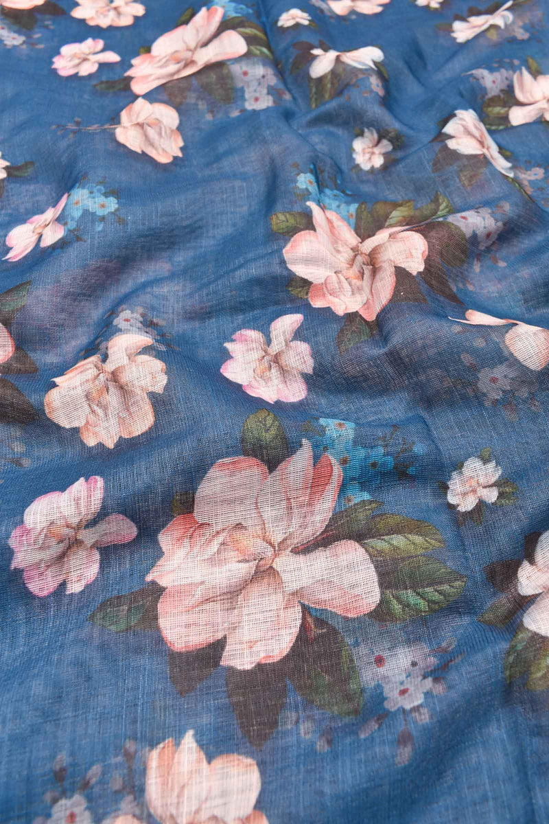 Blue Semi Linen Floral Digital Print Dobby Border Saree