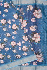 Blue Semi Linen Floral Digital Print Dobby Border Saree