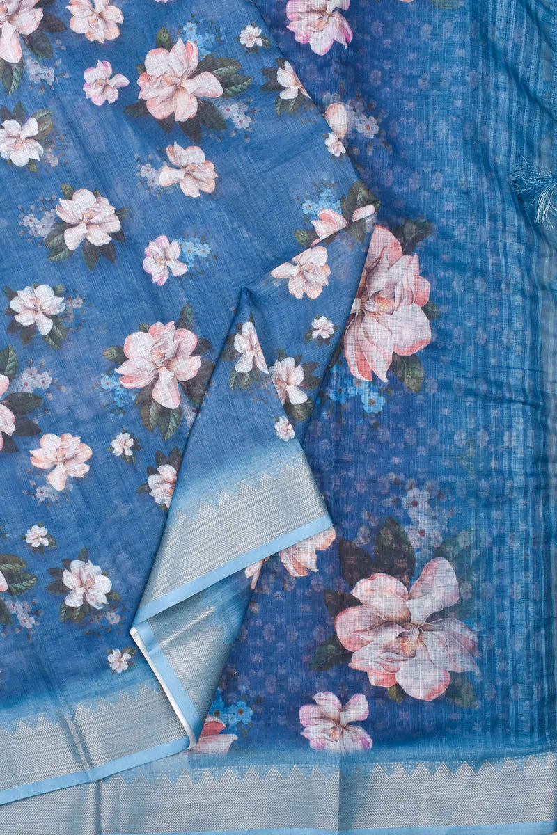 Blue Semi Linen Floral Digital Print Dobby Border Saree