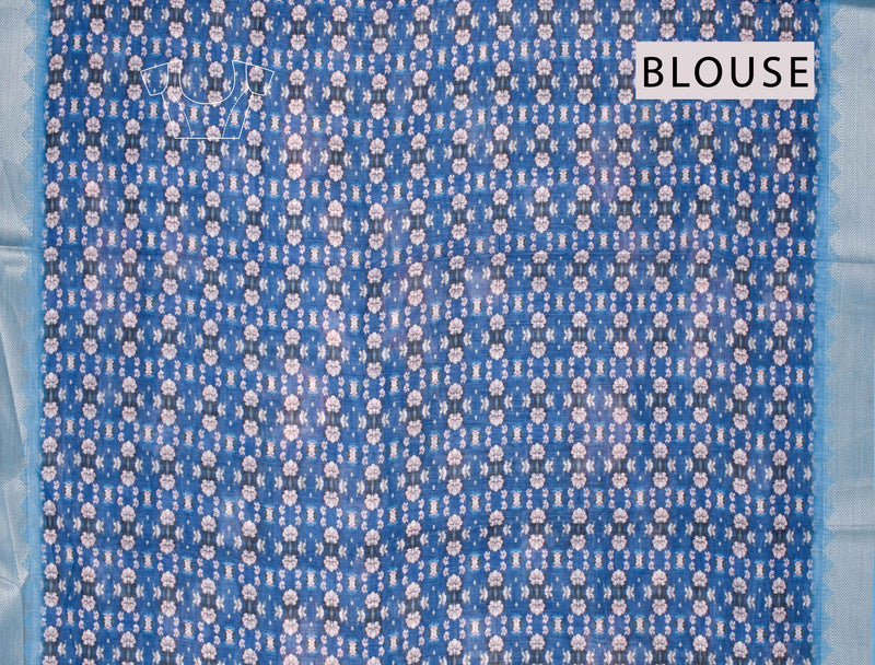 Blue Semi Linen Floral Digital Print Dobby Border Saree