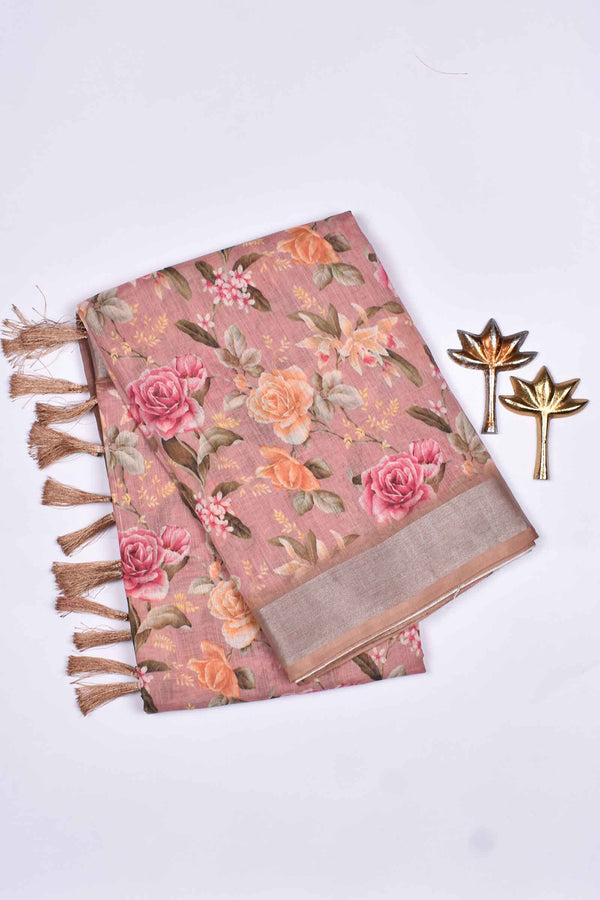 Light Peach Semi Linen Digital Print Silver Border Saree