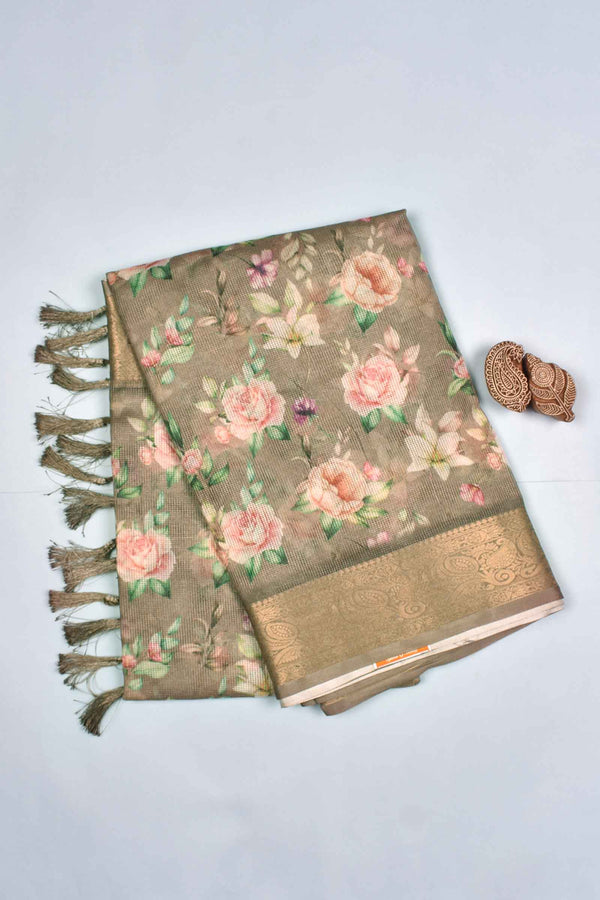 Light Brown Super Net Floral Digital Print Fancy Border Saree