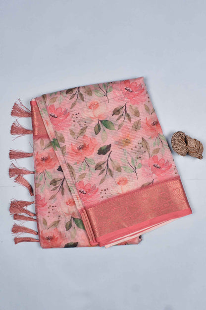 Light Pink Super Net Floral Digital Print Fancy Border Saree