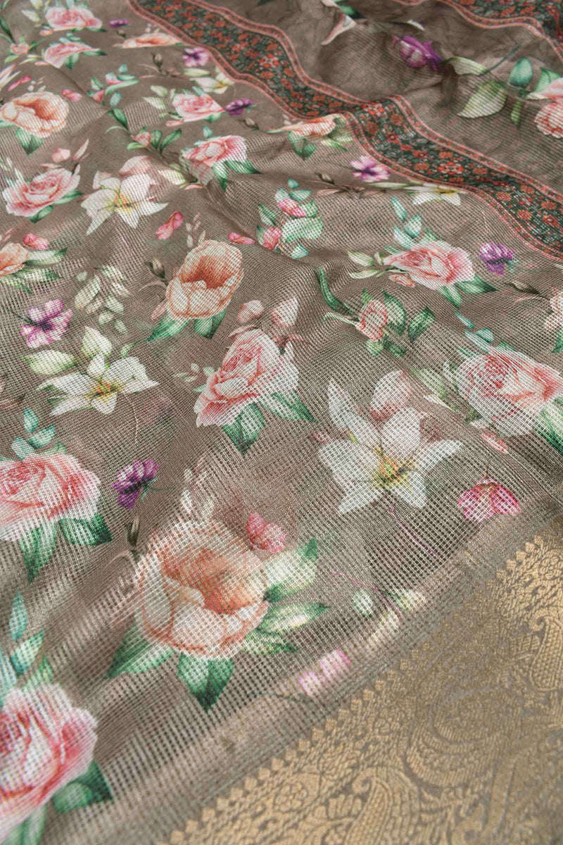 Light Brown Super Net Floral Digital Print Fancy Border Saree