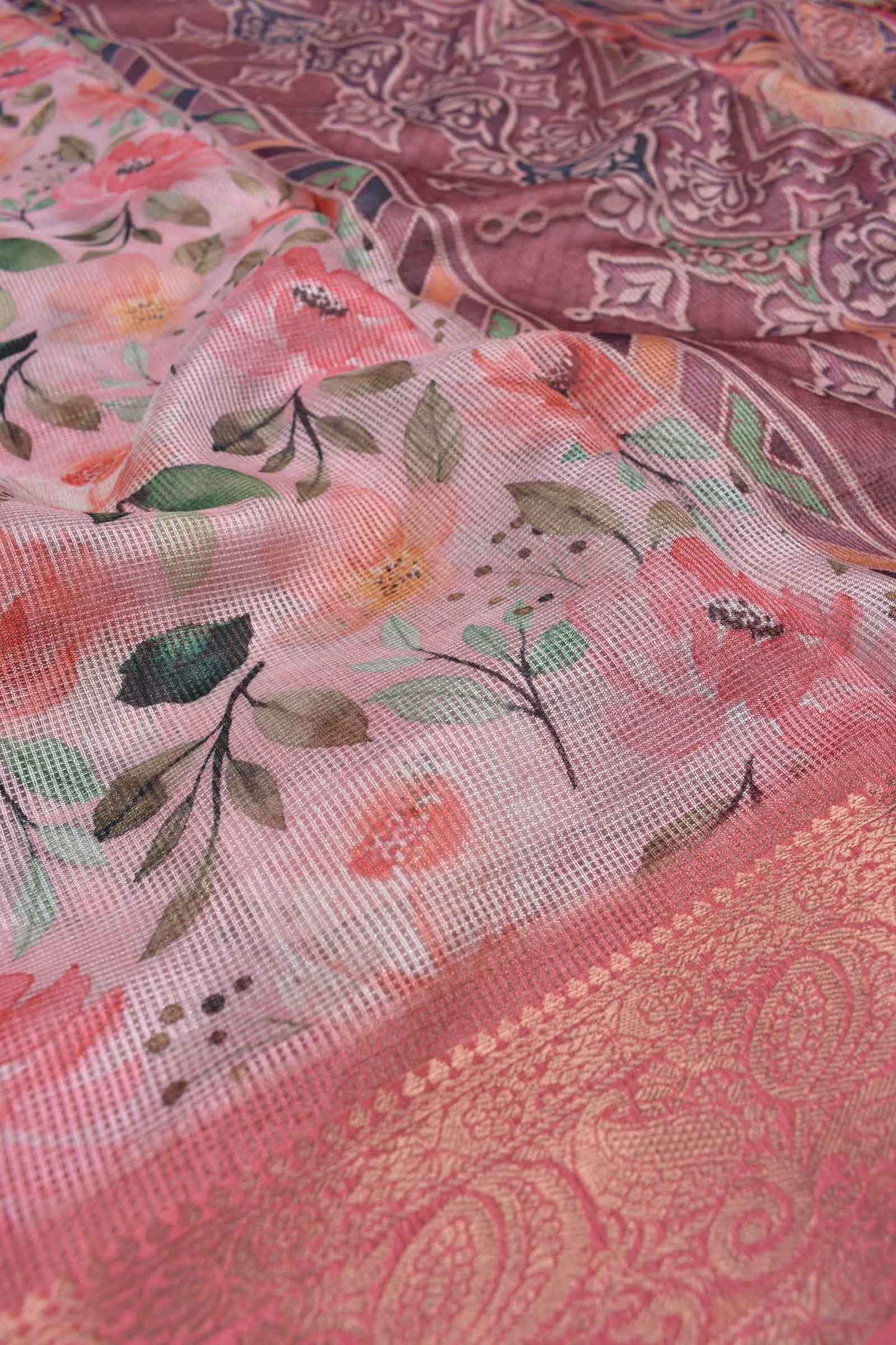 Light Pink Super Net Floral Digital Print Fancy Border Saree