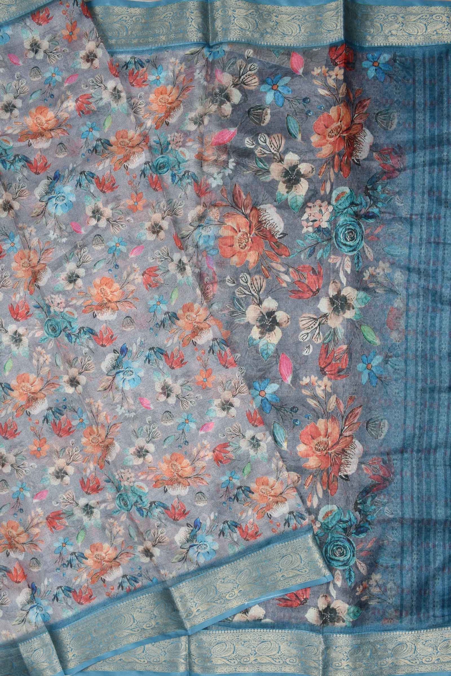 Grey and Blue Super Net Floral Digital Print Fancy Border Saree