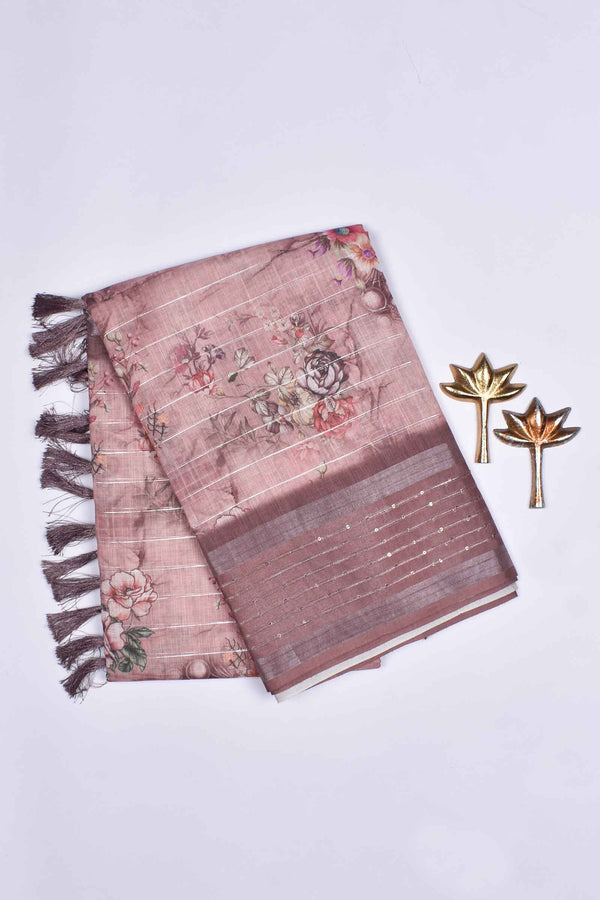 Light Brown Semi Linen Floral Garden Digital Print Sequins Border Saree