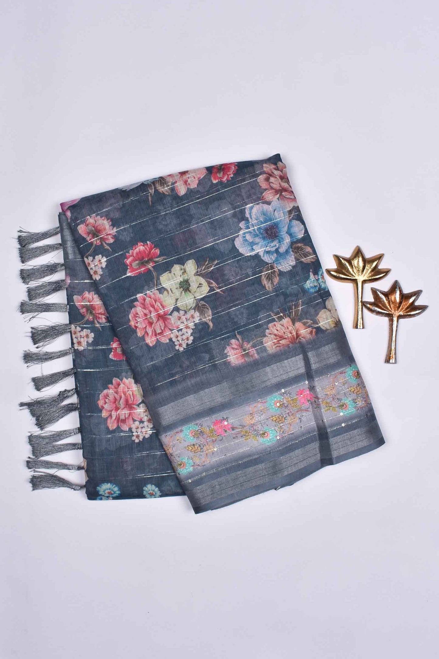 Dark Grey Semi Linen Floral Garden Sequins Border Saree