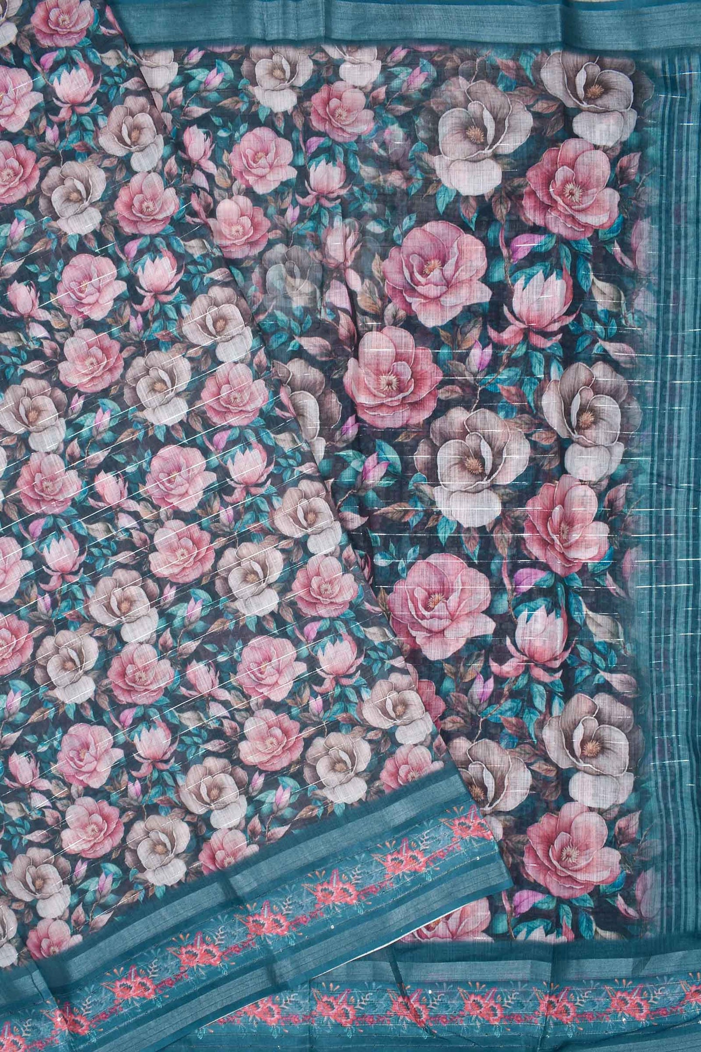 Teal Blue/Black Semi Linen Floral Garden Sequins Border Saree