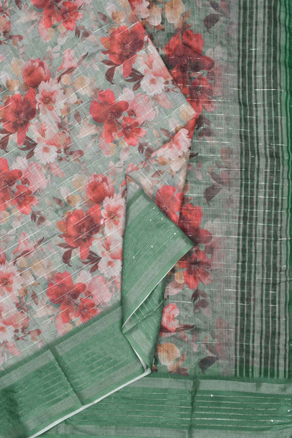 Light Green Semi Linen Digital Floral Print Sequins Border Saree