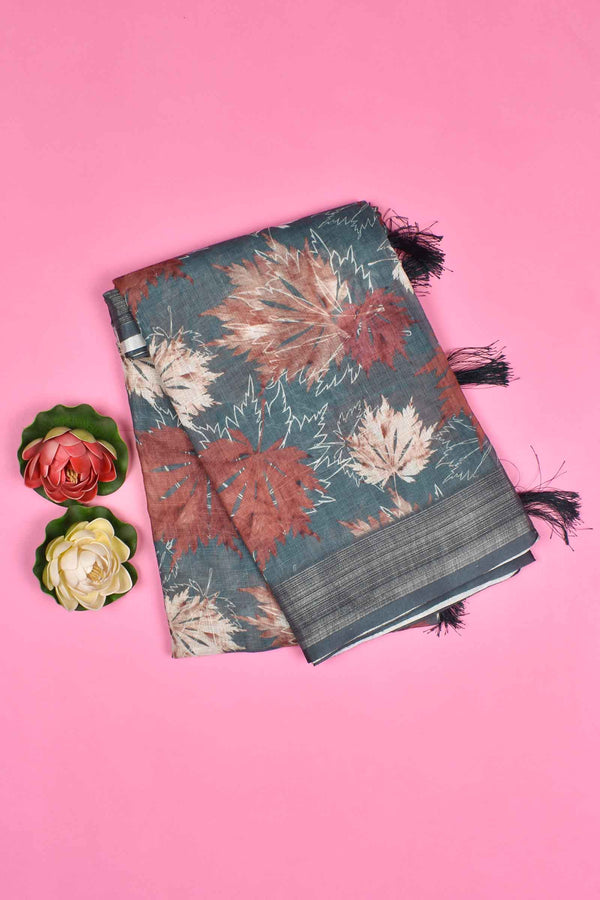 Grey Semi Linen Floral Digital Print Saree