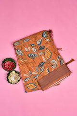 Orange Semi Linen Floral Digital Print Saree