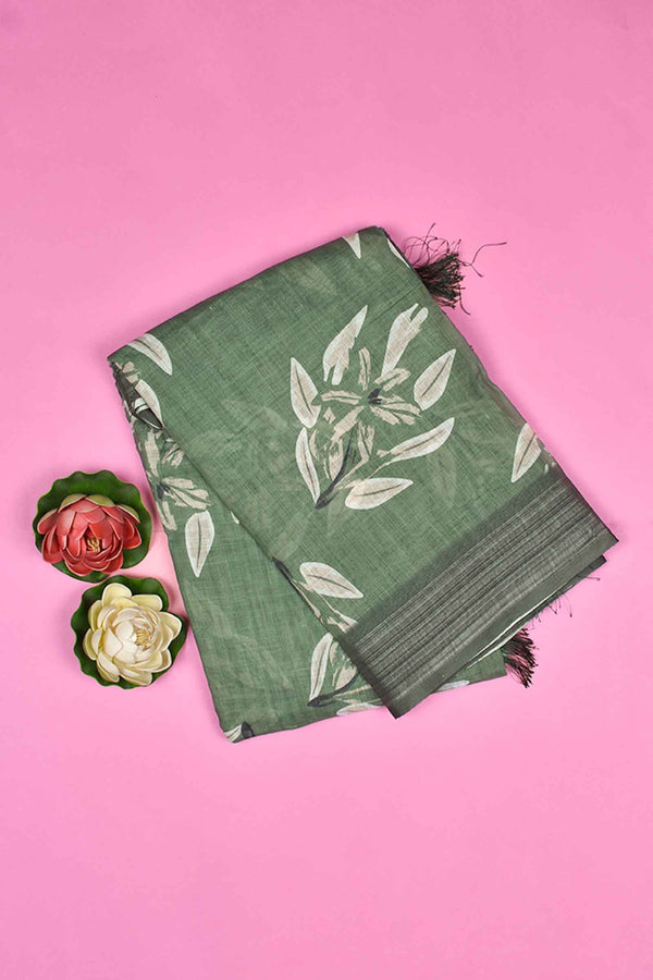 Green Semi Linen Floral Digital Print Saree