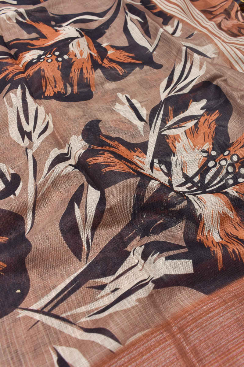 Brown Semi Linen Floral Digital Print Saree