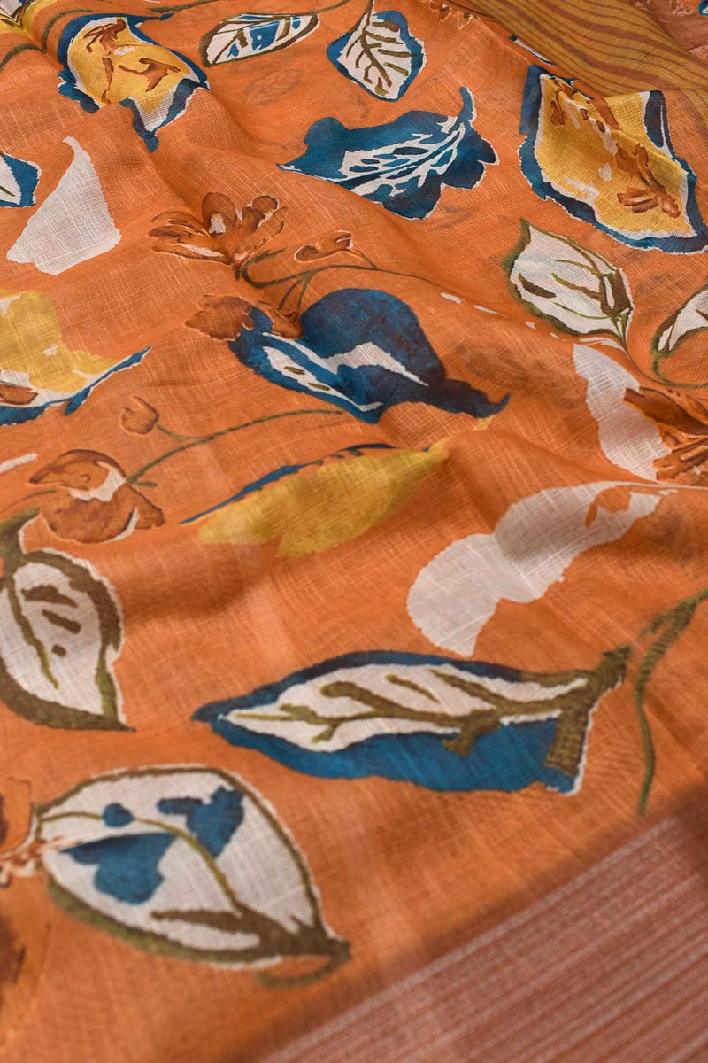 Orange Semi Linen Floral Digital Print Saree