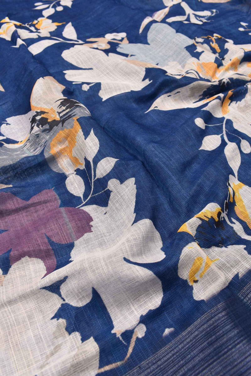 Blue Semi Linen Floral Digital Print Saree