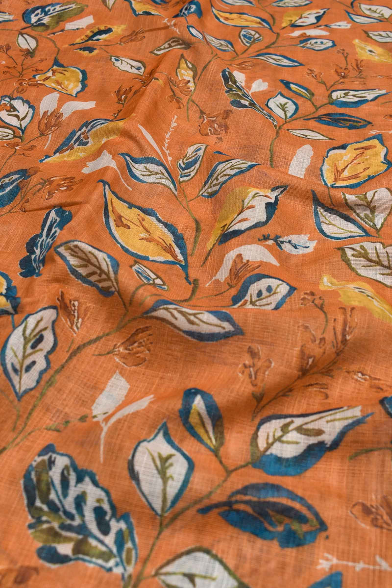 Orange Semi Linen Floral Digital Print Saree