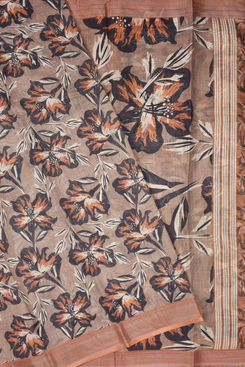 Brown Semi Linen Floral Digital Print Saree