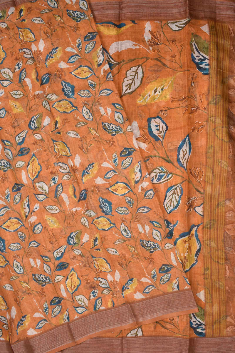 Orange Semi Linen Floral Digital Print Saree