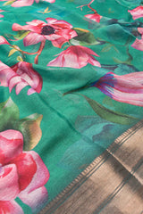 Sea Green Georgette Jari Lines Floral Printed Satin Border Saree