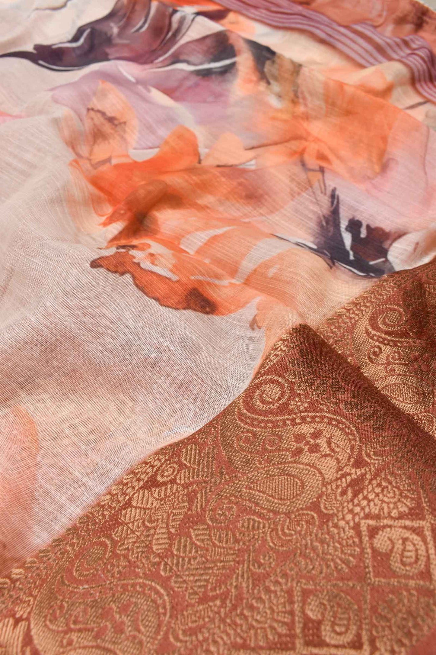 Light Peach Semi Linen Fancy Jacquard Border Saree